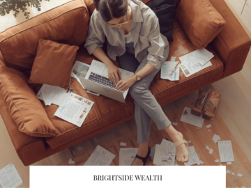 How to Organize Your Finances When Everything Feels Scattered Woman organizing her finances at home with laptop, notebook, and bills, as featured by Brightside Wealth, showing how to organize your finances when everything feels scattered